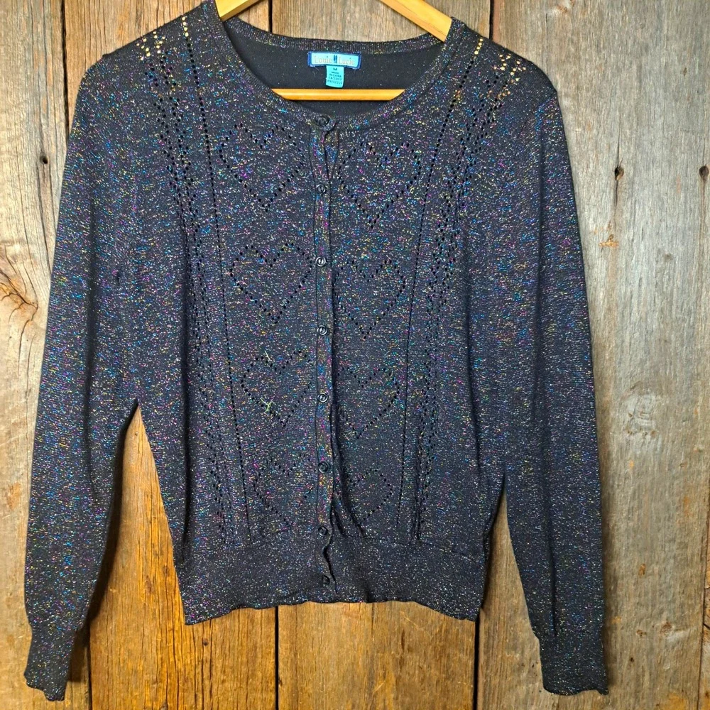 Dark Coquette Whimsigoth Louie Lucie Black Multicolor Shimmer Button Cardigan M